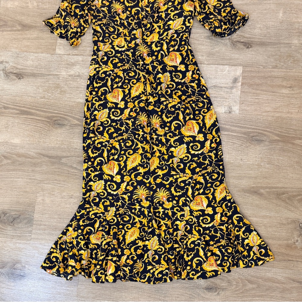 RHODE Felix Dress Black Yellow Gold Patterned Flare Midi - Picture 14 of 14